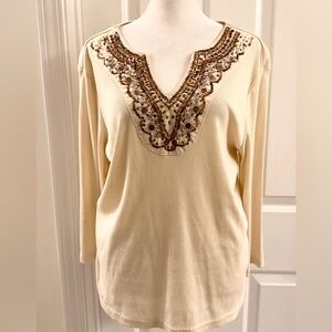 Cato Women 3/4 Sleeve Beige Embellishing Blouse Size XL.‎ 1
